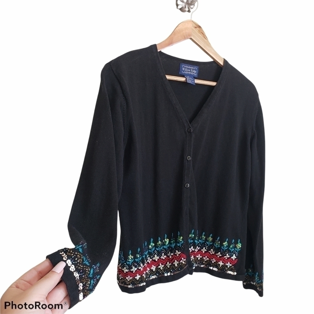 Bohemian knit sequins embroidered button cardigan black sweater - Picture 3 of 11